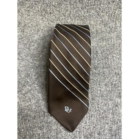 Christian Dior Men’s Tie Necktie Brown Striped Embroidered Logo Vintage - Picture 1 of 4